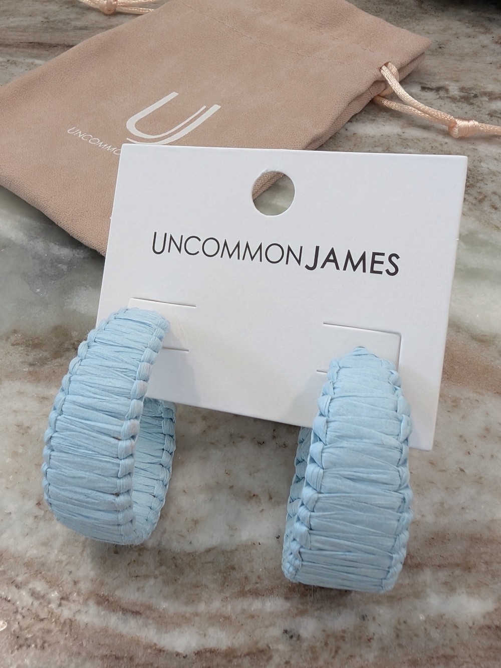Uncommon James Light Blue Raffia Woven Hoop Earrings-NWT